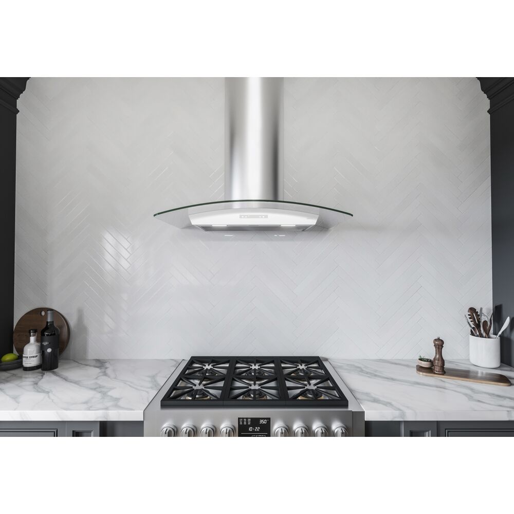 36-inch stainless steel chimney hood with curved glass canopy and LED lights in kitchen appliances and range hoods collection