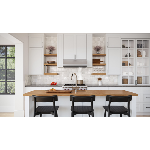 Modern kitchen with white cabinetry, under-cabinet stainless steel range hood, wood shelving, and black bar stools in appliances collection
