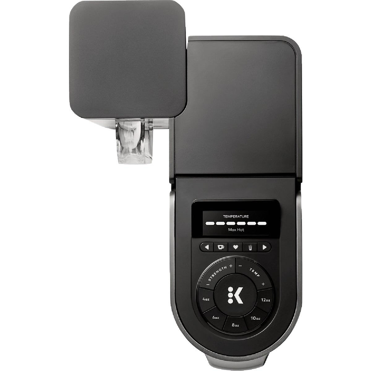 Top view of a black Keurig K-Supreme Plus Smart Brewer with digital temperature controls and cup size selector dial