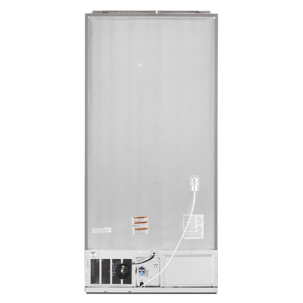 Rear view of a stainless steel french door refrigerator showing ventilation and power connections in kitchen appliances collection