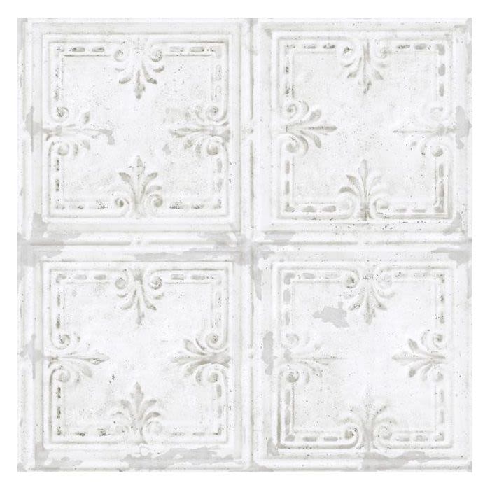 White peel-and-stick wallpaper with vintage embossed tin tile pattern for easy home improvement projects