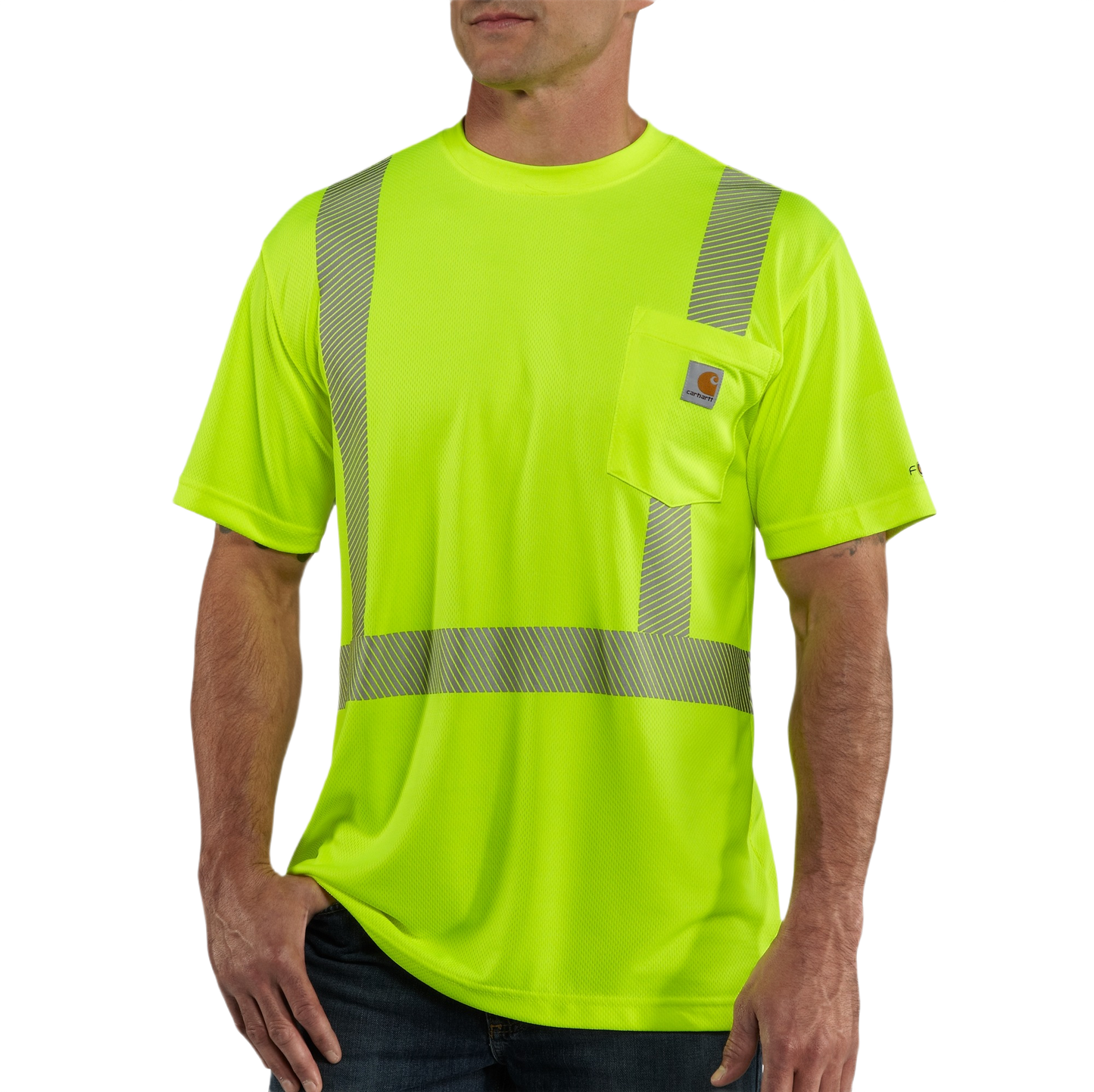 Men's neon yellow high visibility short sleeve shirt with reflective safety stripes and chest pocket for work use