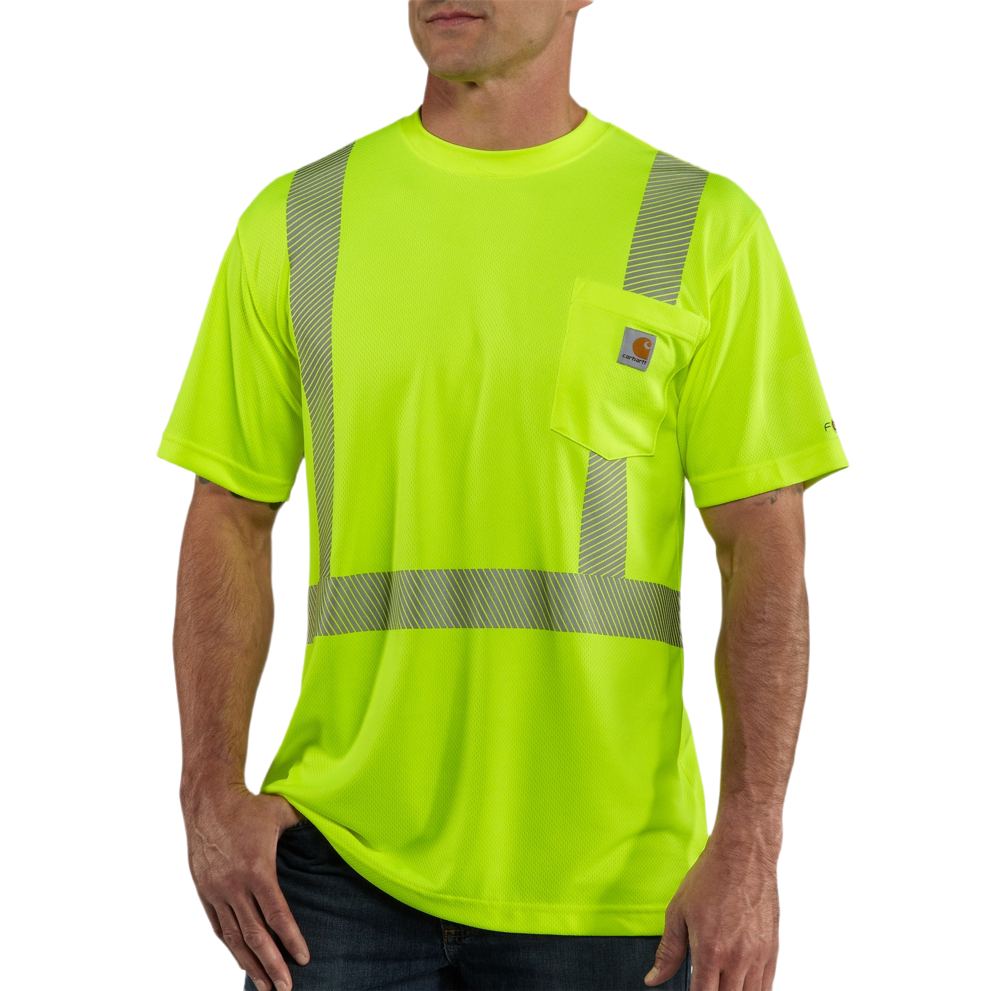 Men's neon yellow high visibility short sleeve shirt with reflective safety stripes and chest pocket for work use
