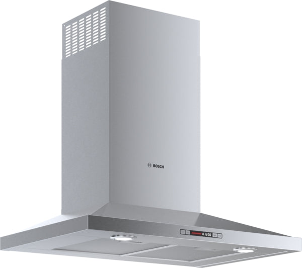 Stainless steel wall-mounted range hood with LED lights and digital controls for kitchen ventilation in appliances category
