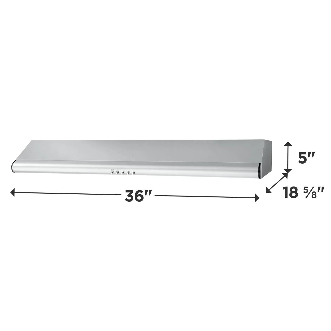 36-inch stainless steel overhead range hood with push-button controls for kitchen ventilation in appliances collection