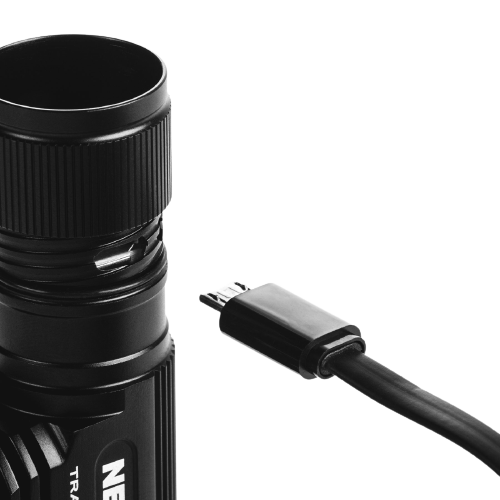 Black rechargeable flashlight and headlamp with textured grip and USB charging cable for tools and home use