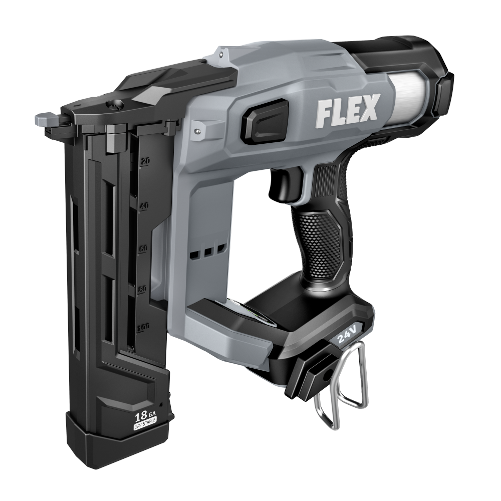 Cordless 18 gauge narrow crown stapler in gray and black with ergonomic grip, designed for power tools and nailers in home improvement at Hartville Hardware.