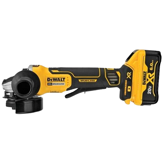 Cordless yellow and black DEWALT 20V MAX XR angle grinder with paddle switch and 6.0 Ah battery under power tools category