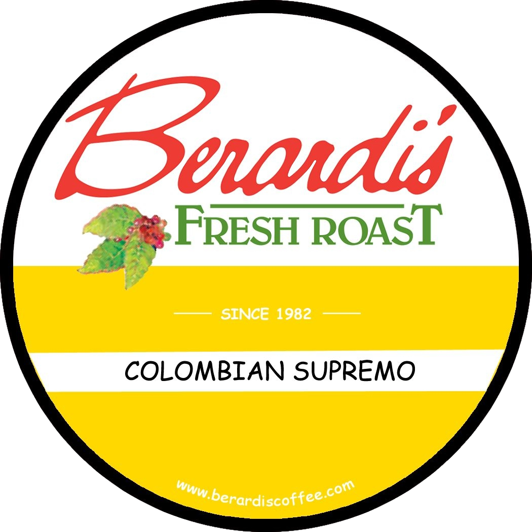 Round coffee cup lid featuring Berardi's Fresh Roast logo with Colombian Supremo and coffee berry illustration