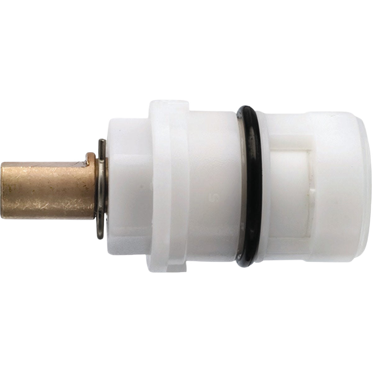 Replacement bay faucet stem with brass and white plastic components and black rubber gasket for plumbing repair tasks