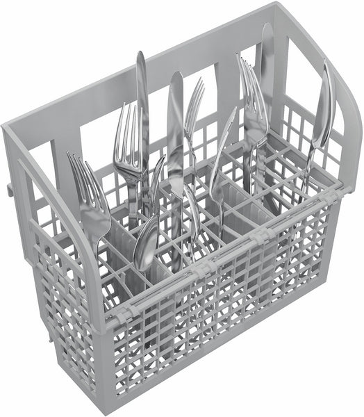 Gray dishwasher cutlery basket filled with assorted silver forks, knives, and spoons from kitchen appliances collection
