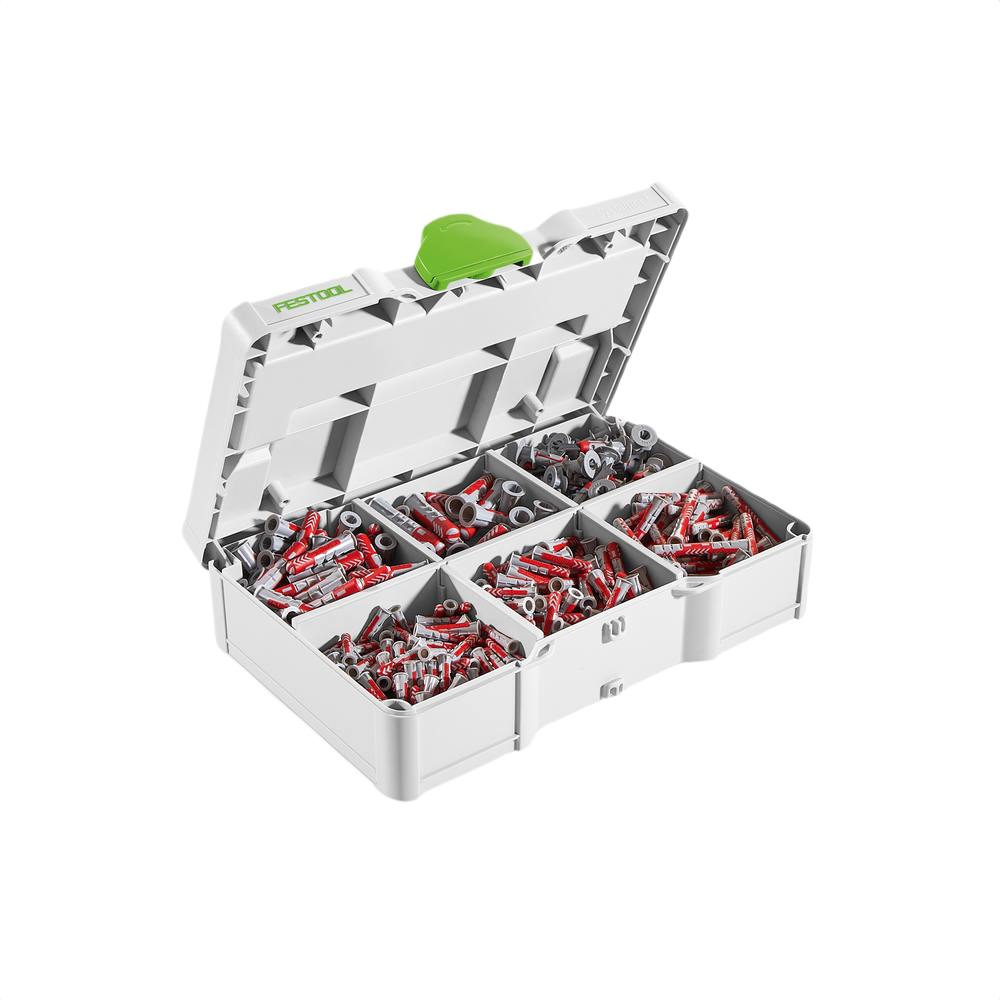 Organized Festool dowel set in a white storage case for tool accessories and drill attachments collections