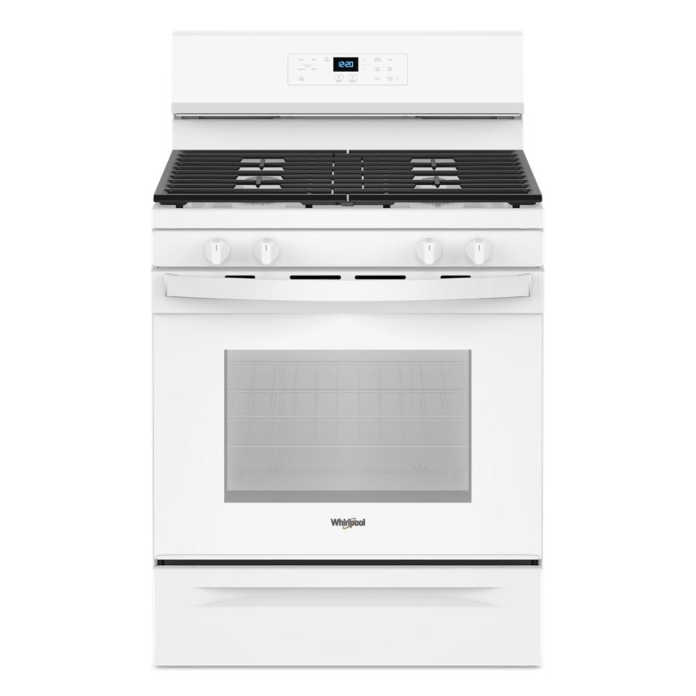 Front view of white 30-inch gas range with digital controls and four burners from Gas Ranges collection at Hartville Hardware