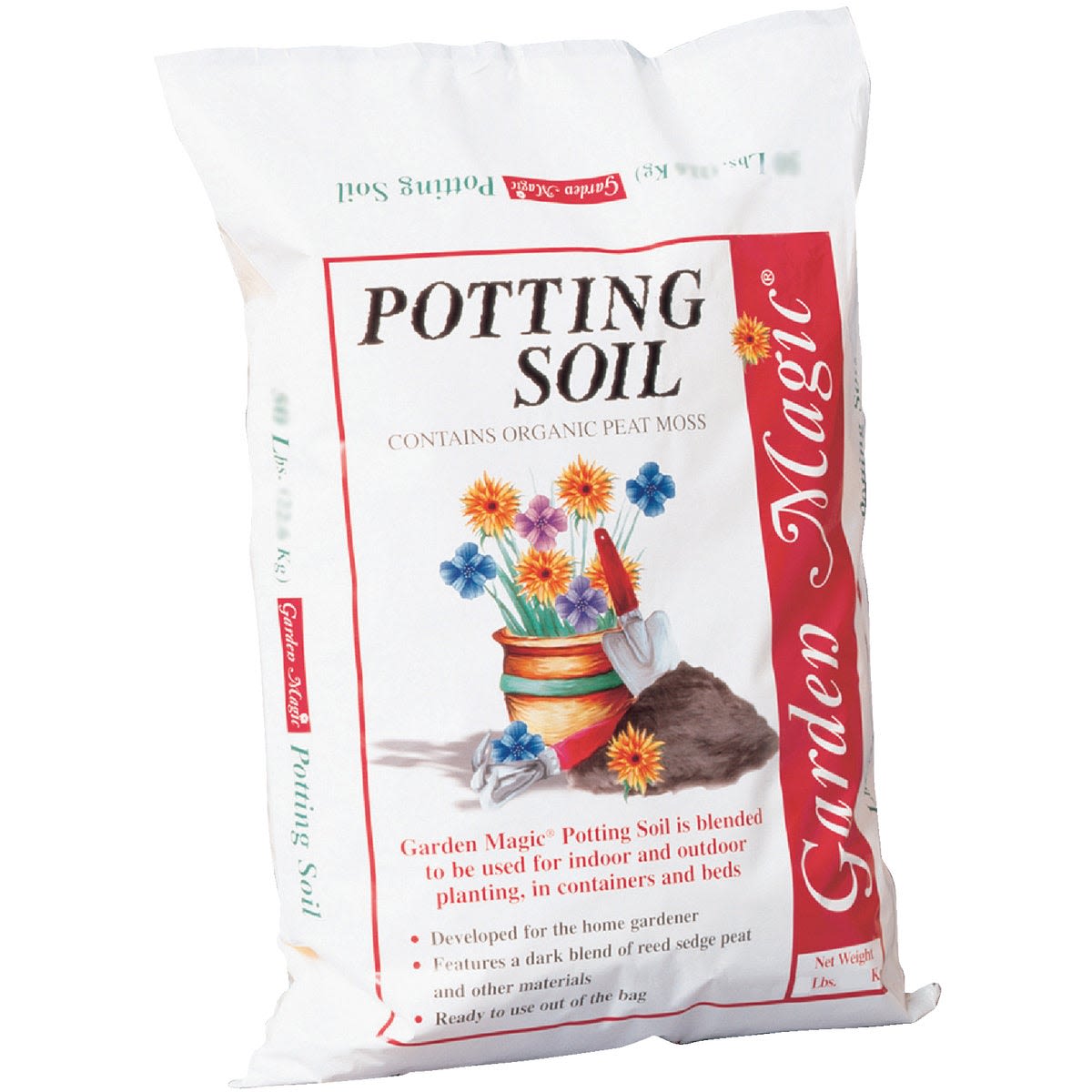 White bag of Garden Magic potting soil with colorful flowers on front for gardening and outdoor living use collections