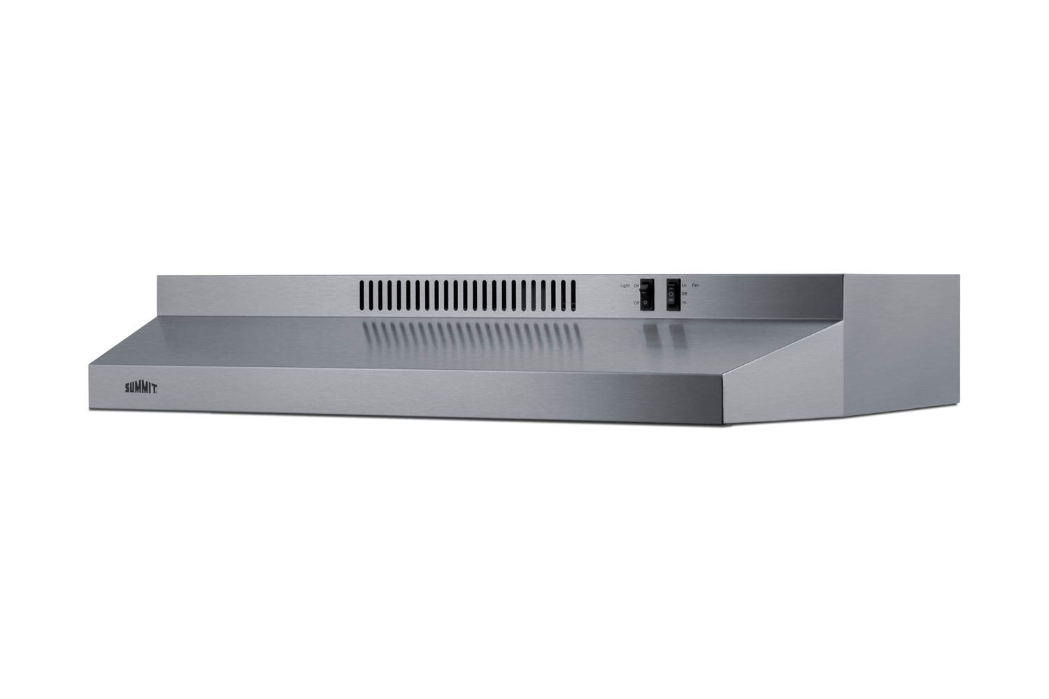 Stainless steel 30-inch under cabinet convertible range hood with vents and simple control switches from kitchen appliances.