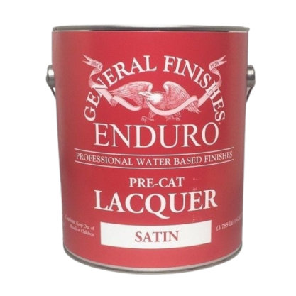 Red metal can of professional water based pre-cat satin lacquer for wood finishing and stain supplies