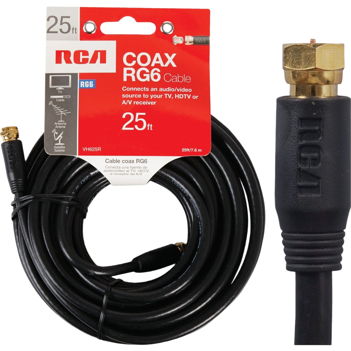 Black 25-foot RG6 digital coaxial cable with gold-plated connectors for audio and video home improvement projects