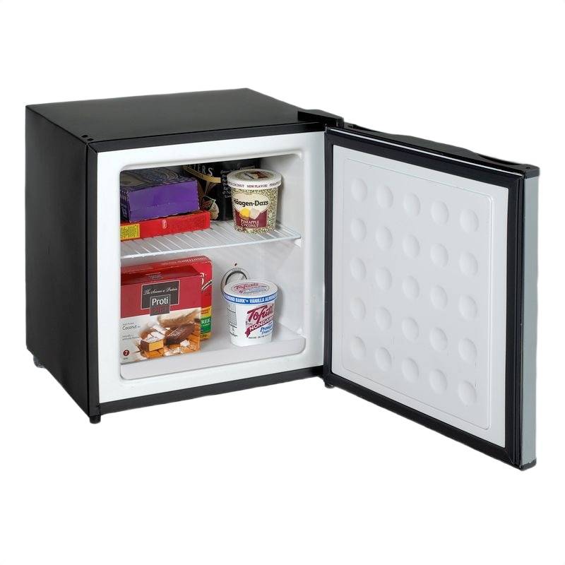 Compact black dual function refrigerator or freezer with open door showing stocked interior in Refrigerators and Appliances collections