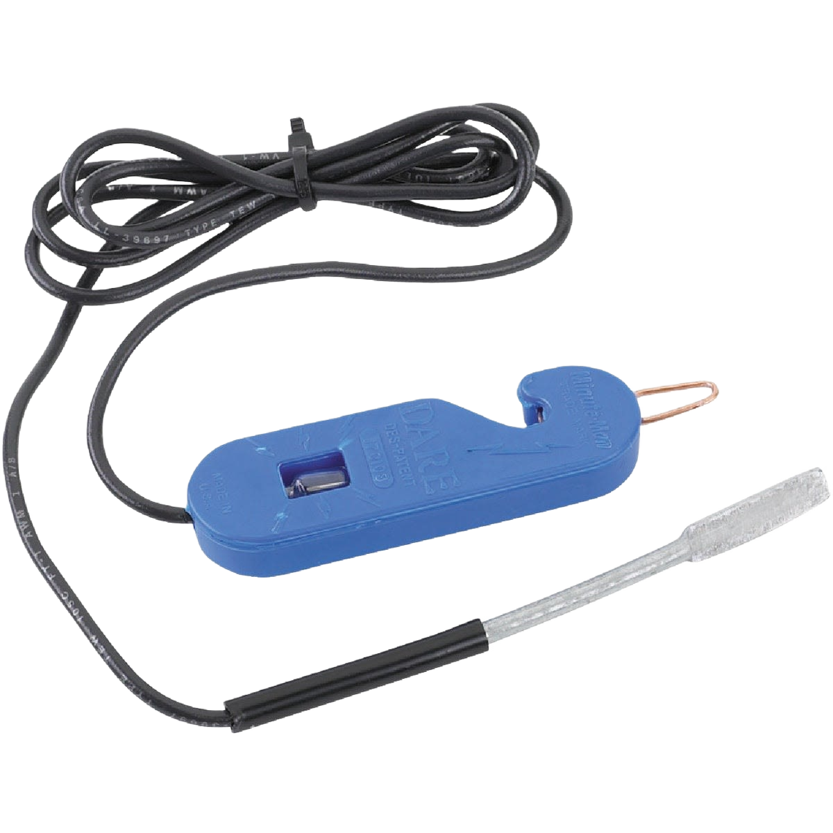 Blue plastic electric fence tester with attached black cable and insulated metal probe for home improvement use