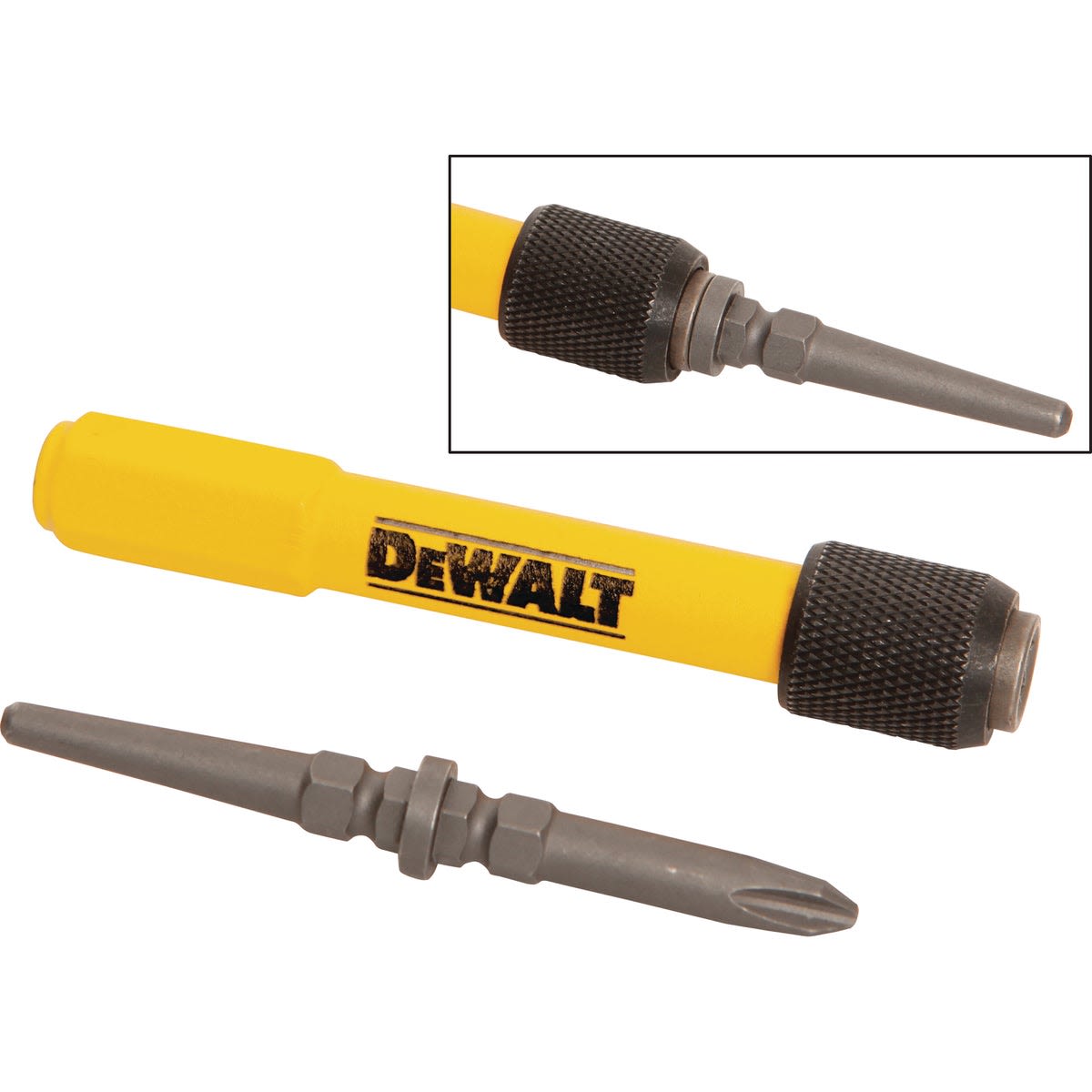 Yellow DEWALT interchangeable nail set with multiple tips and black textured grip for woodworking and home improvement tools under $50.