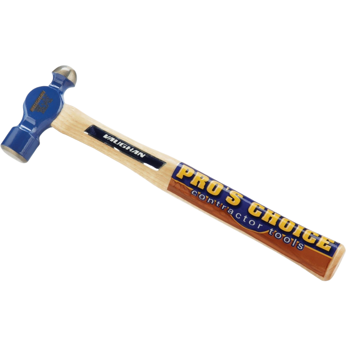Ball peen hammer with blue steel head and wooden handle labeled Pro’s Choice for tools and home improvement tasks