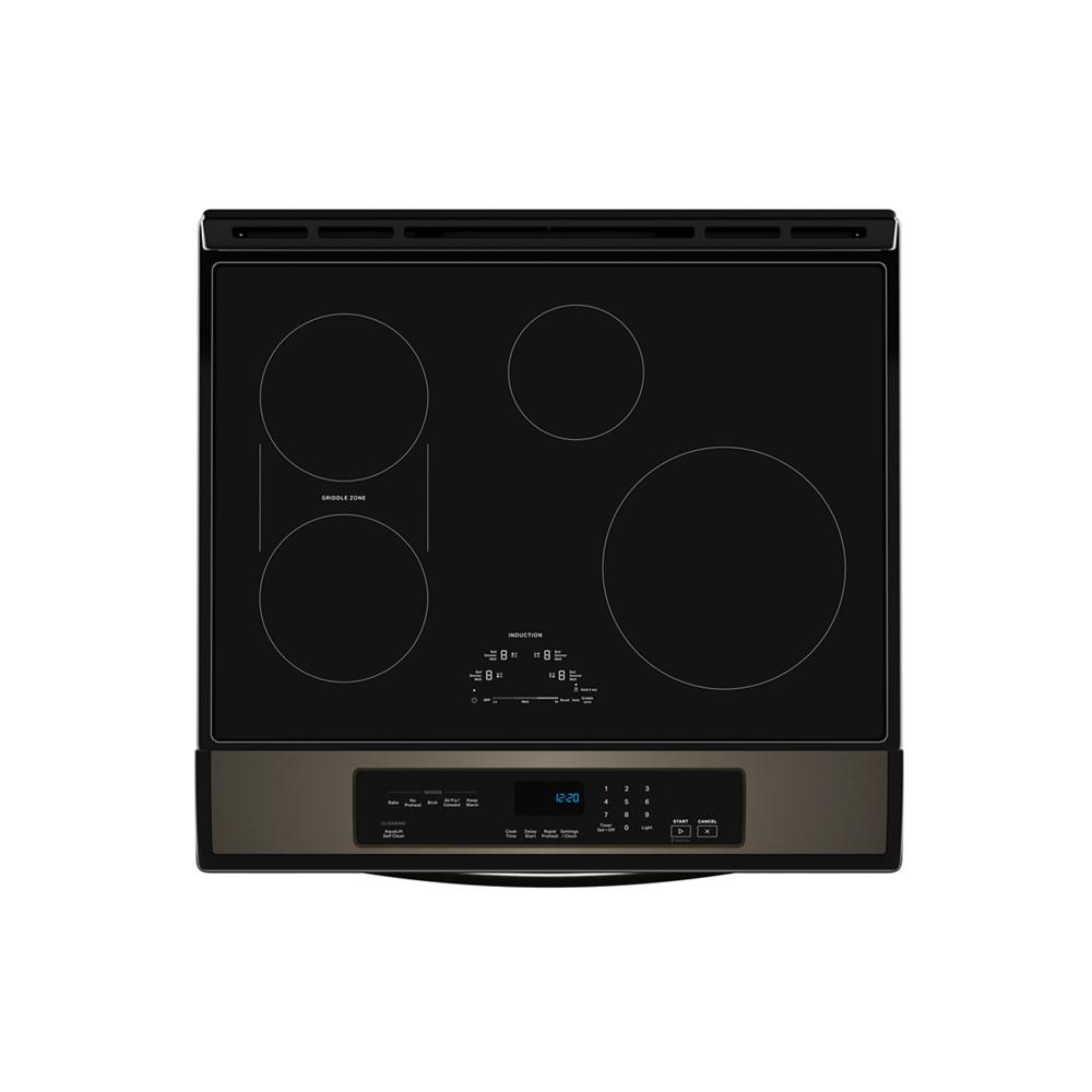 Top view of a black induction cooktop with four heating elements and digital touch controls, part of Ranges, Kitchen & Kitchenware, and Appliances collections.