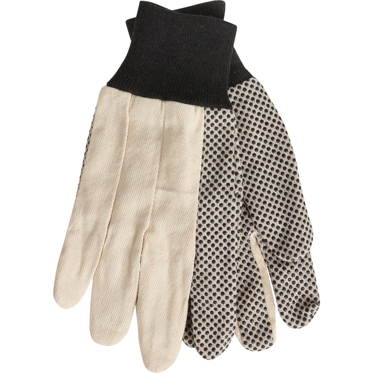 Pair of large cotton canvas work gloves with black PVC grip dots and knitted black cuffs for outdoor and safety use