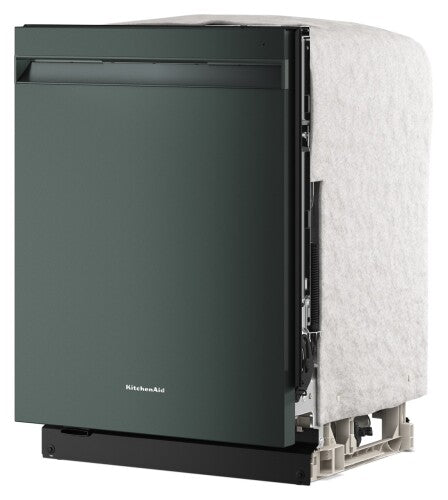 Matte dark green KitchenAid dishwasher with partially covered insulated side panel in kitchen appliances collection