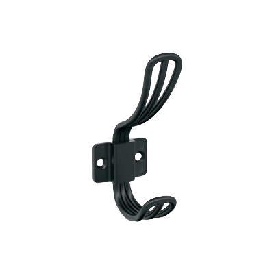 Matte black two prong wall hook with curved design for hanging items in tools and home improvement spaces