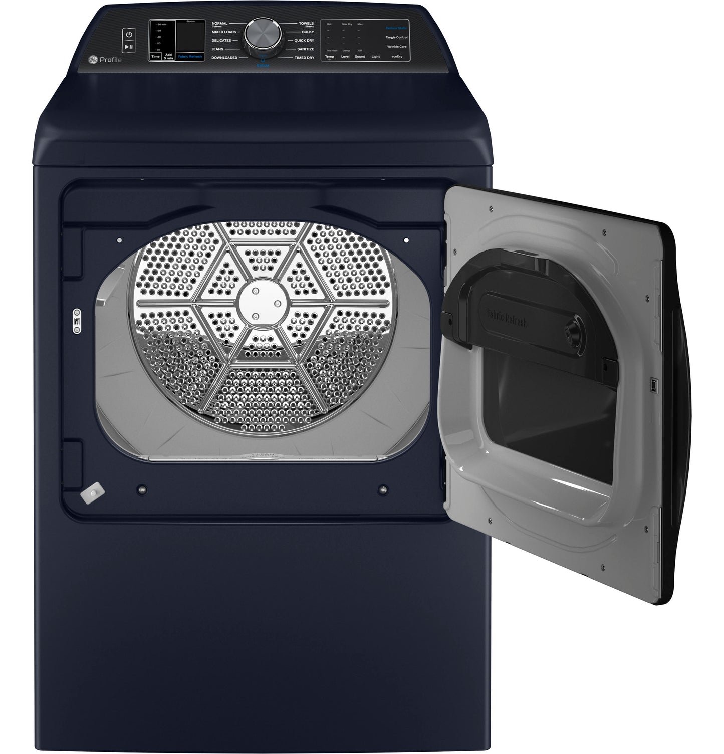 Open door view of navy blue smart gas dryer with digital controls and large capacity in dryers and appliances collection
