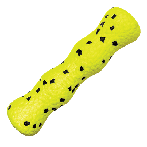 Bright yellow textured dog chew stick with black spots for durable pet play under $50 in pet supplies and toys categories
