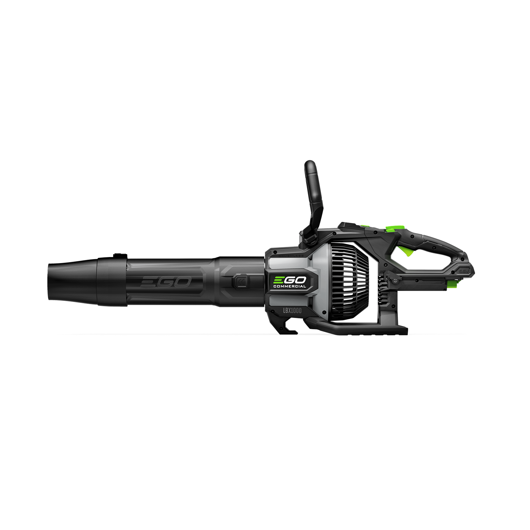 Black and green cordless handheld blower with ergonomic grip and control features for outdoor home improvement tasks