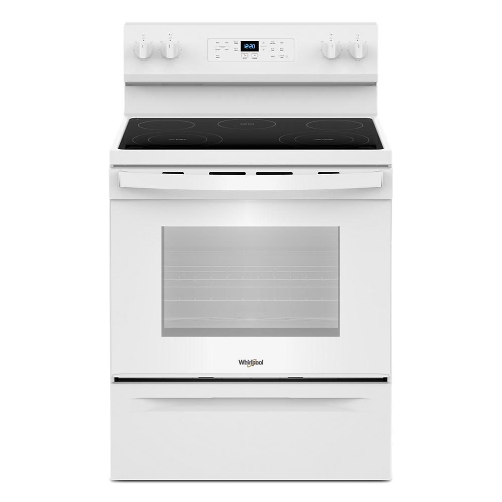 White electric range with smooth cooktop, digital control panel, and large oven window from Ranges & Kitchenware collections
