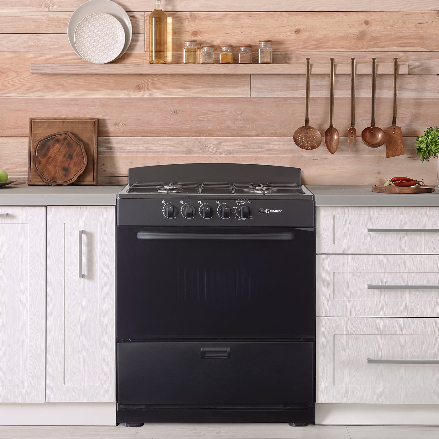 Black 30-inch gas range with four burners, front control knobs, sizable oven, and lower storage drawer in modern kitchen setting, for Ranges, Gas Ranges, Kitchen & Kitchenware, Appliances, and Ranges & Cooktops collections.