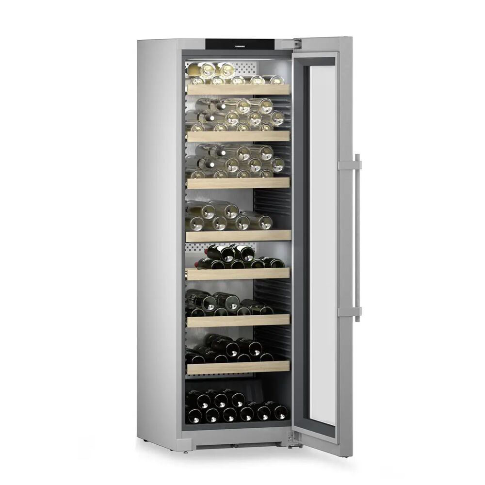 Tall freestanding wine storage refrigerator with glass door and wooden shelves holding multiple wine bottles, featured in Refrigerators and Beverage Centers collections.