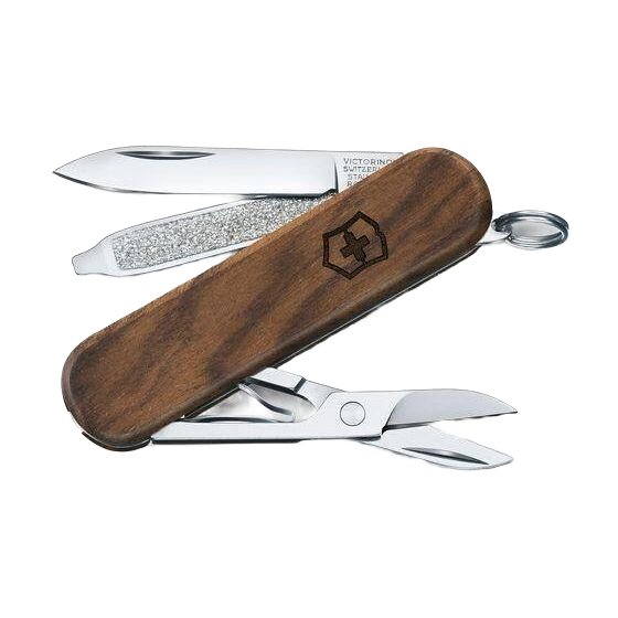 Compact multi-tool pocket knife with walnut wood handle, featuring scissors, nail file, blade, and keyring in hand tools collections