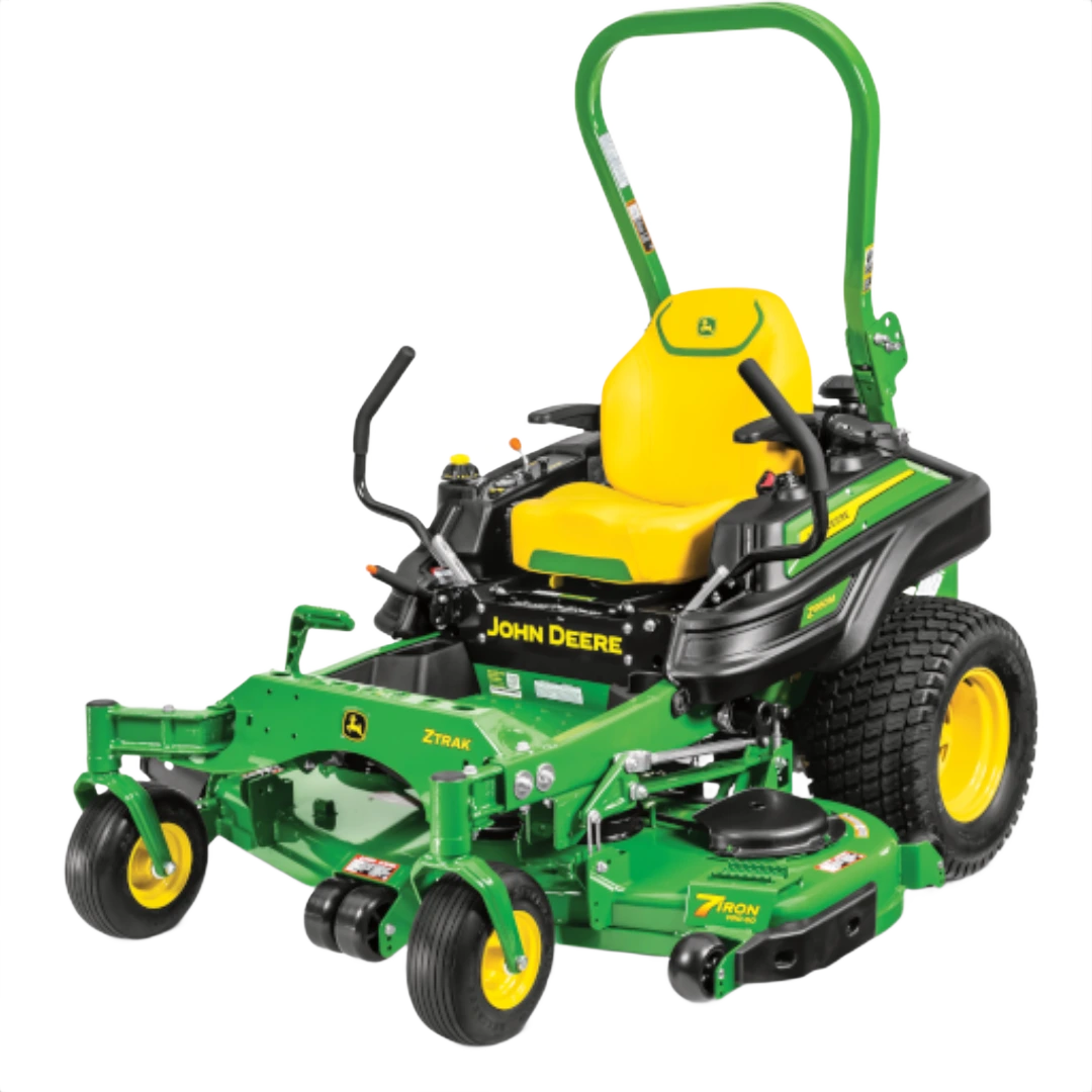 Green and yellow zero-turn mower with wide cutting deck and comfortable seat for efficient lawn care and home improvement tasks