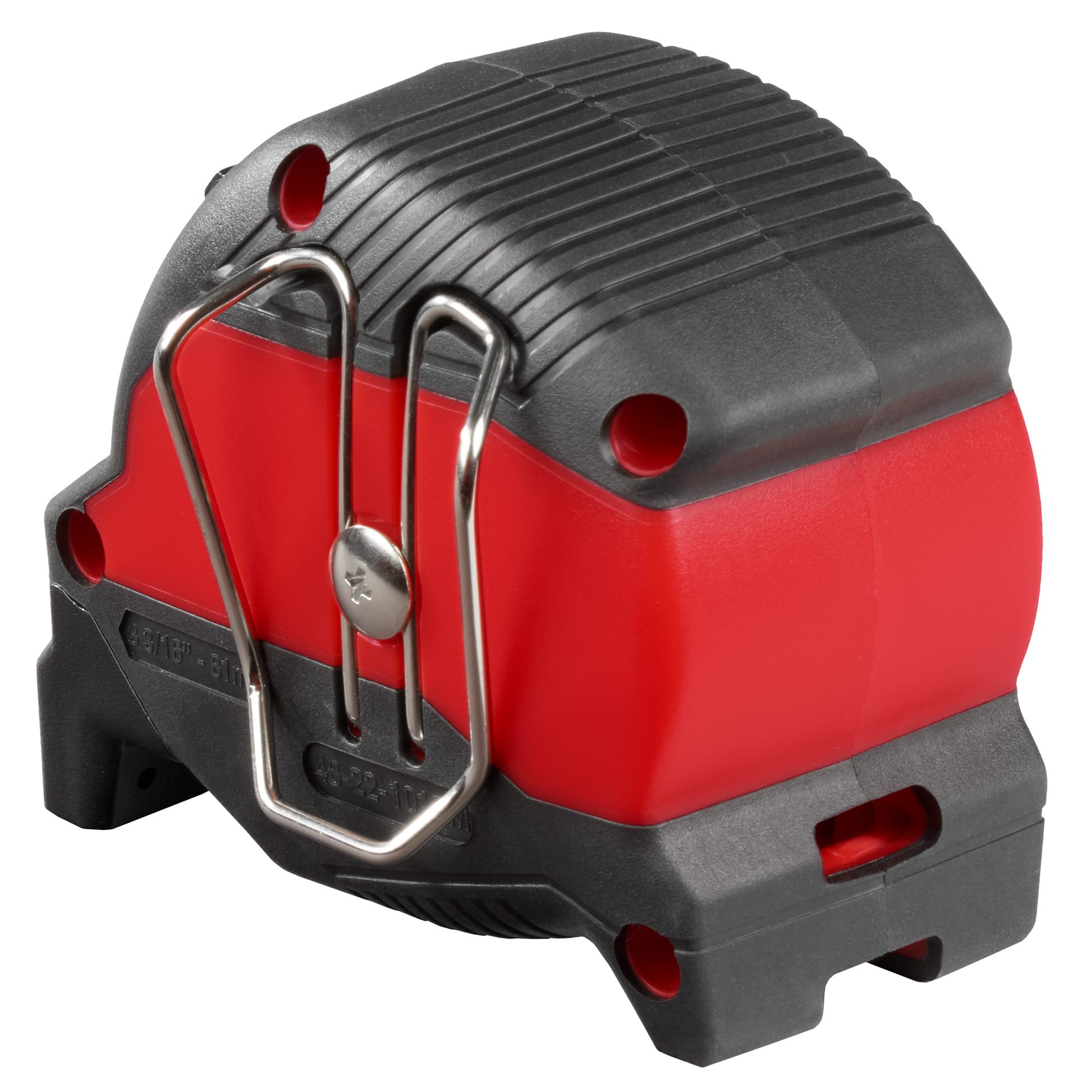 Compact red and black tape measure housing with metal belt clip designed for home improvement and tools use