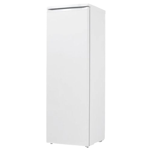 Tall white upright freezer with single door and recessed handle, ideal for kitchen and home storage needs.