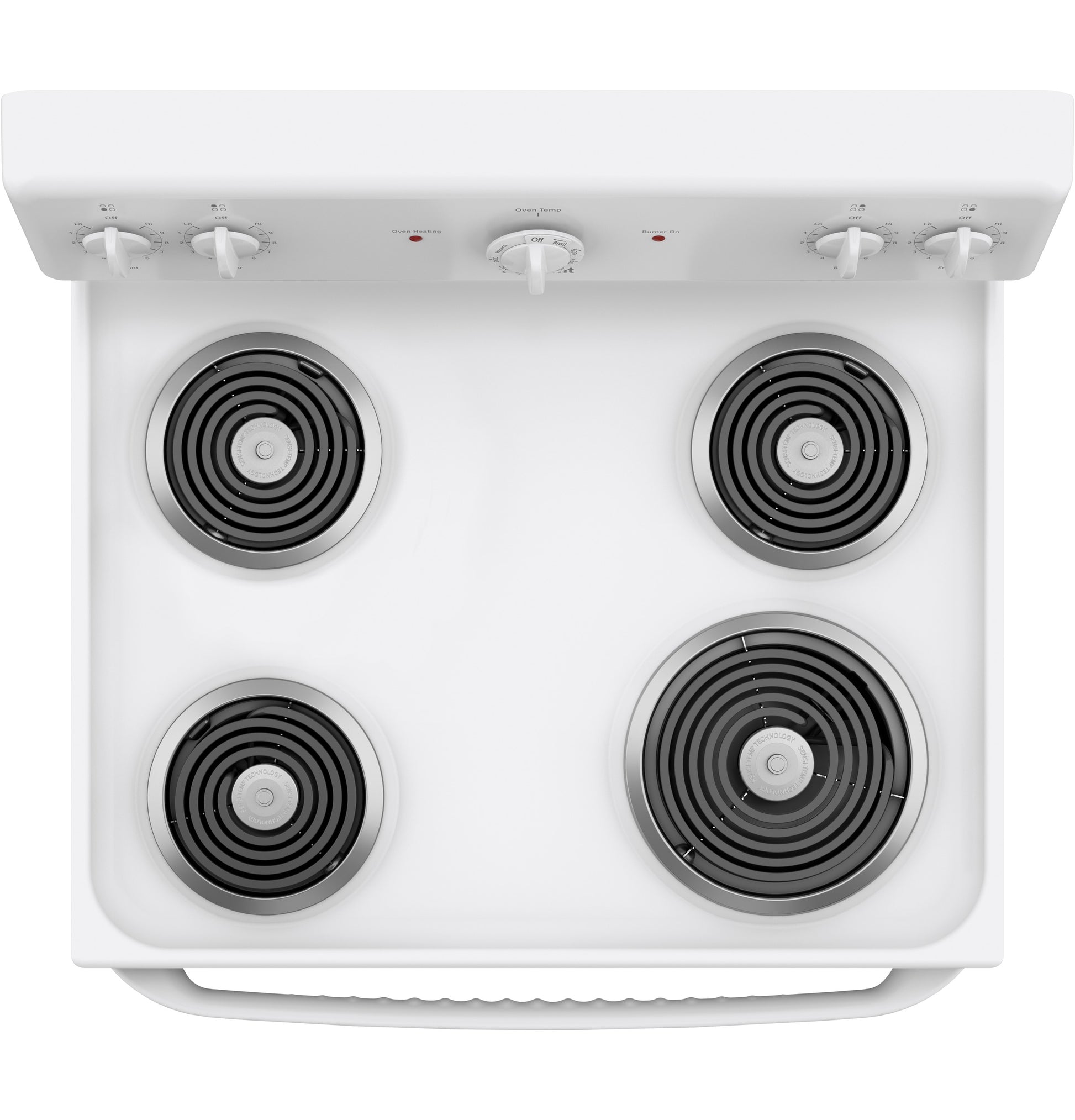White free-standing electric range with four coil burners and control knobs from kitchen and electric ranges collection