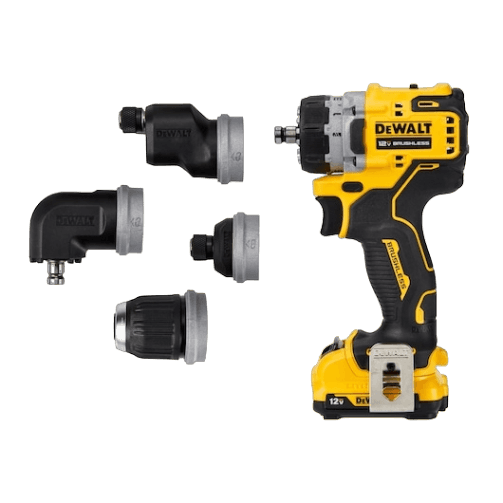 Yellow and black 12V brushless cordless drill with five interchangeable attachments for versatile home improvement tasks