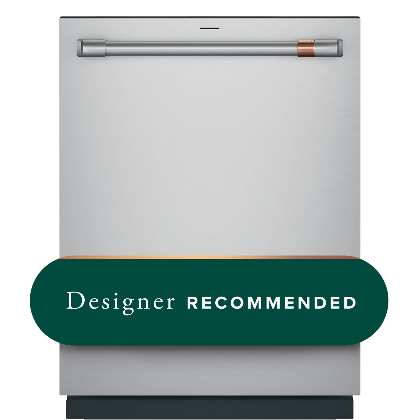 Front view of stainless steel dishwasher with sleek handle and designer recommended badge for kitchen appliances collection