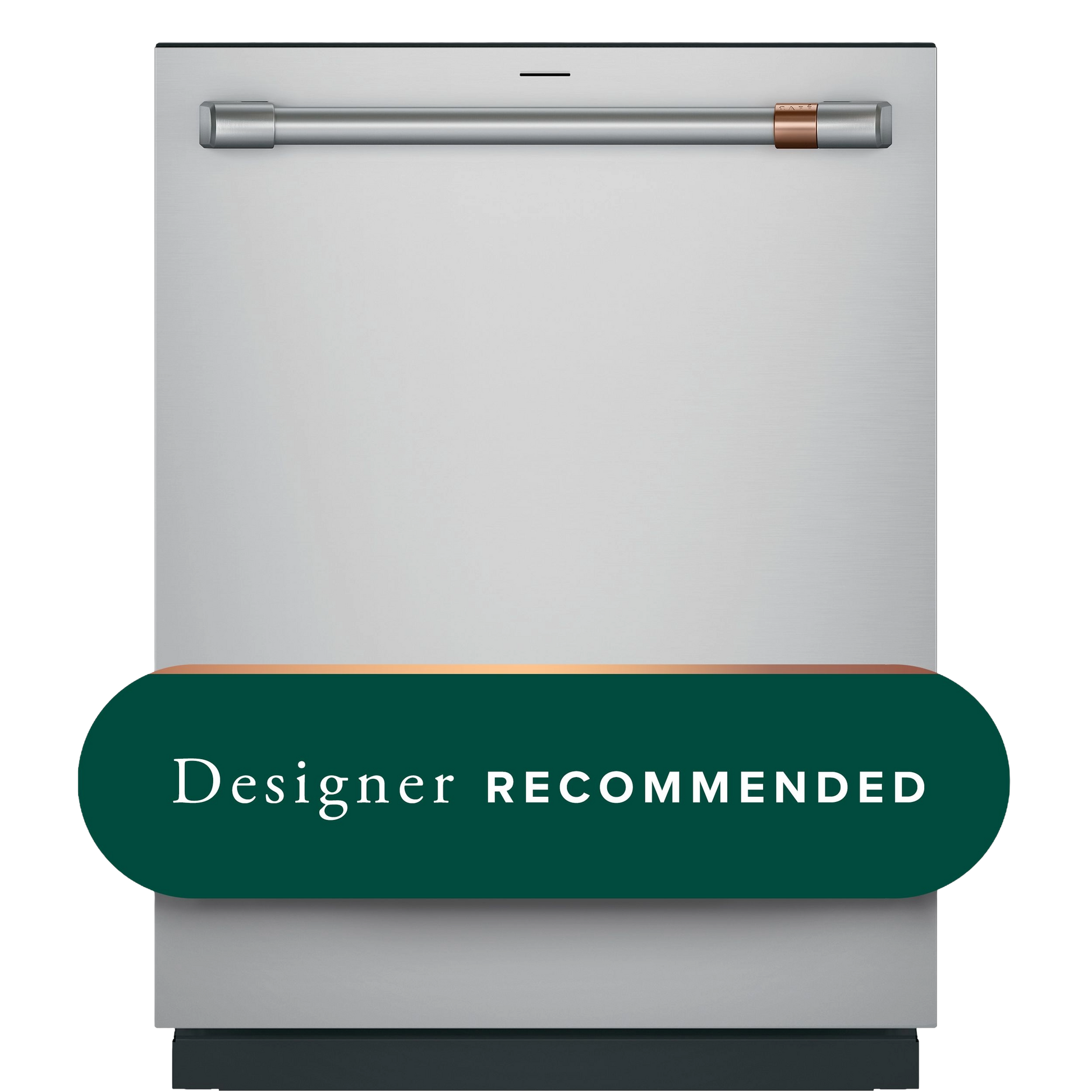 Front view of stainless steel dishwasher with sleek handle and designer recommended badge for kitchen appliances collection