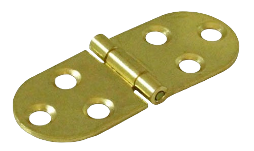 Brass-finished sewing machine hinge with rounded edges and multiple mounting holes for home improvement projects
