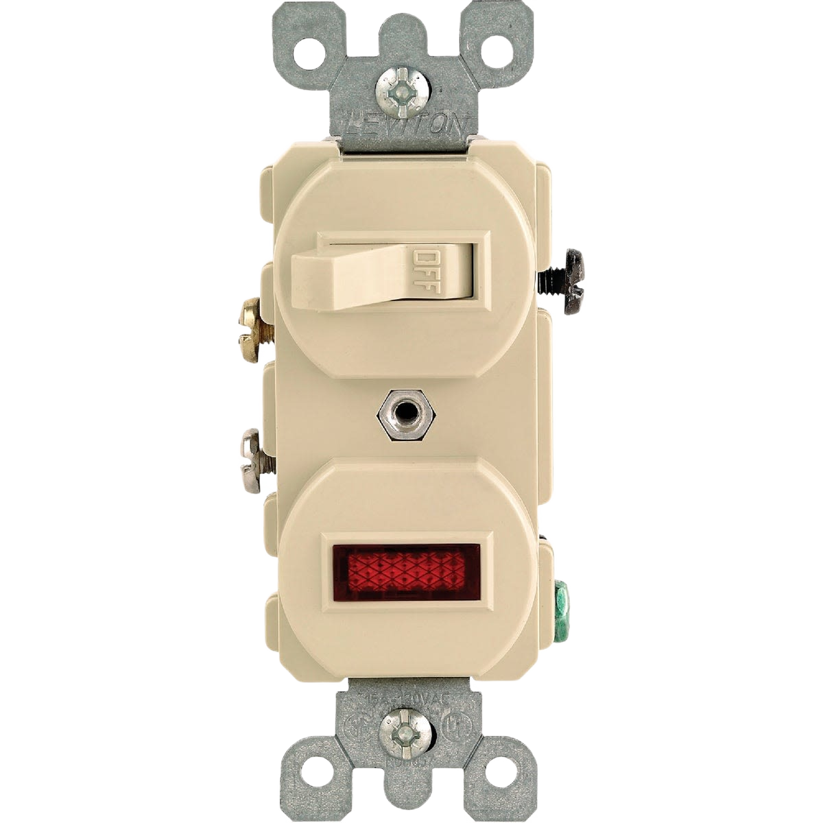 Beige industrial-grade electrical switch with red pilot light and metal mounting brackets for home improvement projects
