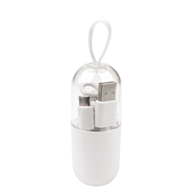 Compact white coiled USB-C to USB-A cable with protective transparent case for convenient tech and tool use