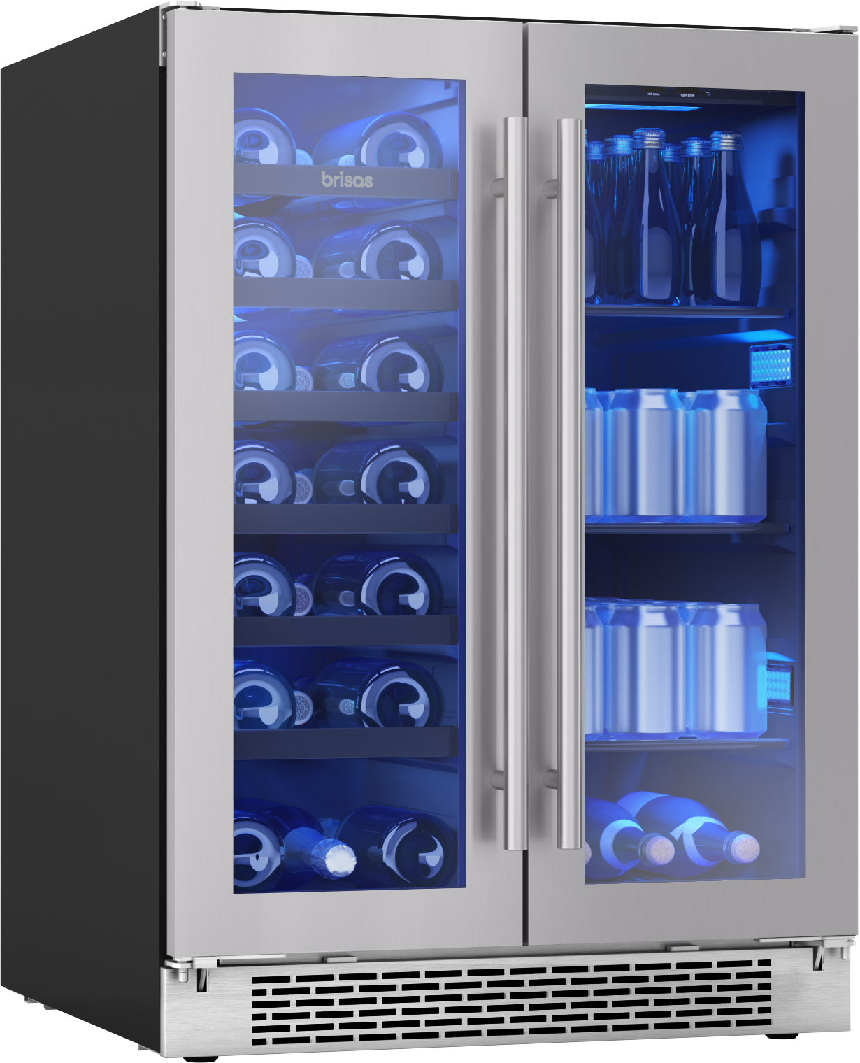 Dual zone beverage cooler with French doors, stainless steel frame, blue interior lighting, storing wine bottles and cans for kitchens.