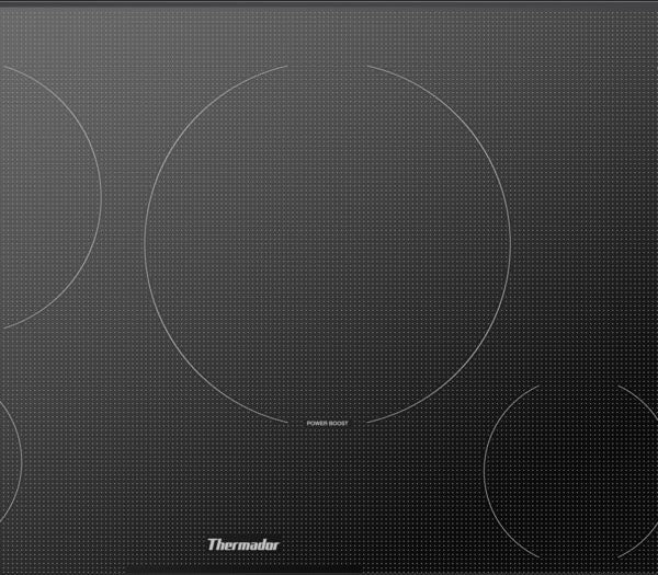 Silver mirror induction cooktop with four cooking zones and PowerBoost feature from Thermador at Hartville Hardware