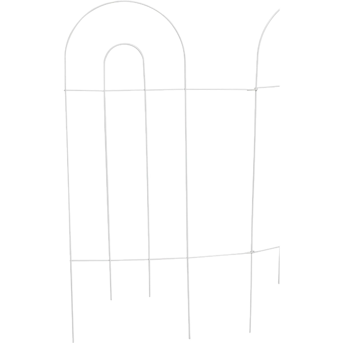 White powder-coated wire garden fence section with folding hinges and rounded top for outdoor landscaping use