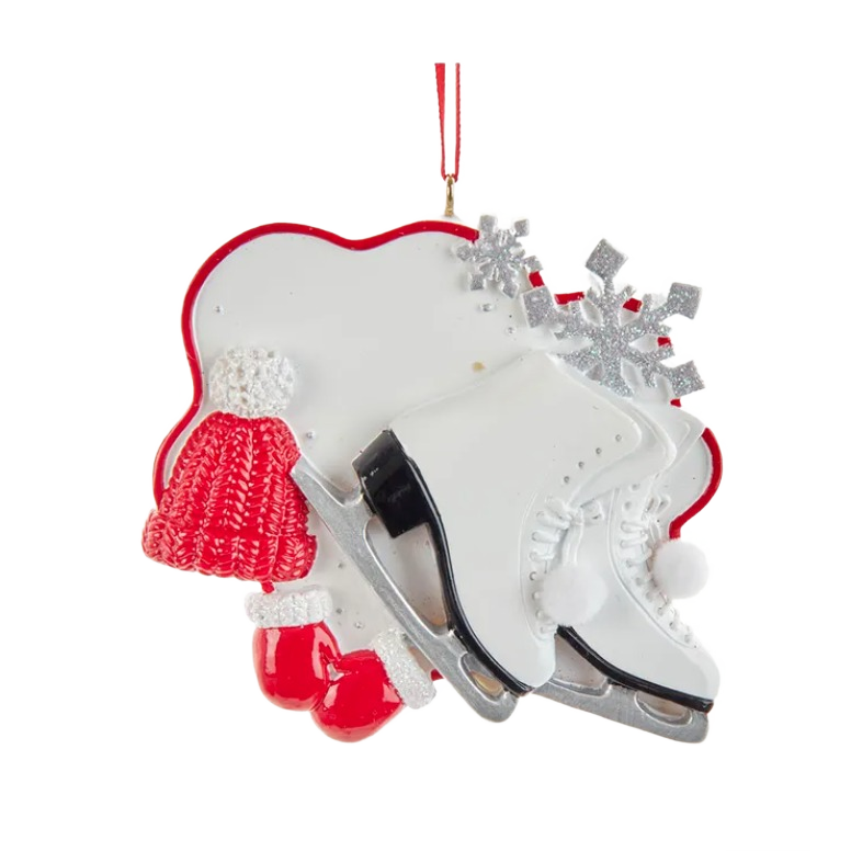White ice skates with silver glitter snowflakes and red knitted hat for Christmas tree ornament collections